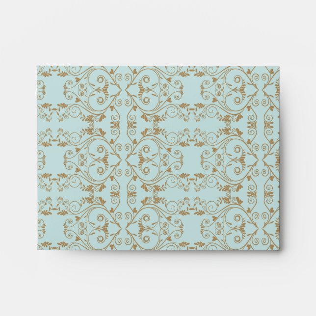 Robin Egg Blue and Gold Damask Wedding Envelope (Front)