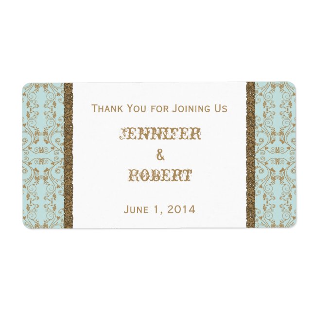 Robin Egg Blue and Gold Damask Wedding Water (Front)