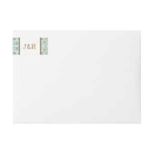 Robin Egg Blue and Gold Damask Wedding Wrap Around Label