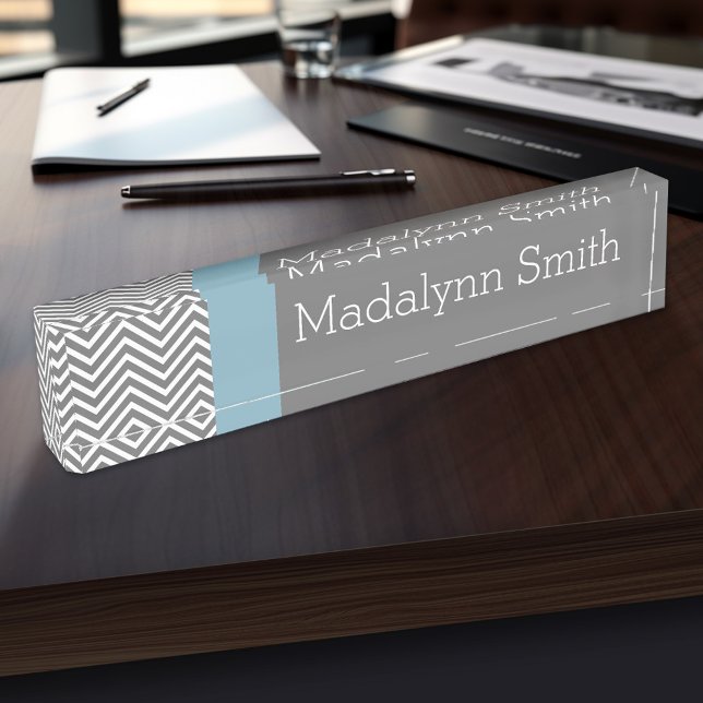 Robin Egg Blue and Grey Chevrons Custom Name Nameplate (Personalized Name Plate for the Office, School or Home)
