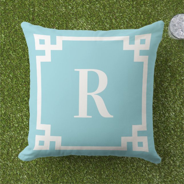 Robin Egg Blue and White Greek Key Border Monogram Cushion (Grass)