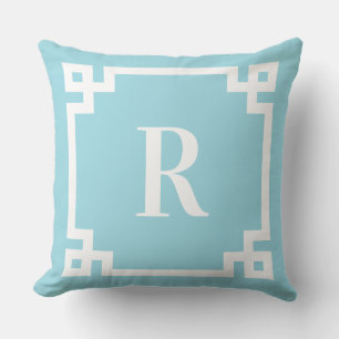 Robin Egg Blue and White Greek Key Border Monogram Cushion