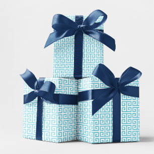 Robin Egg Blue and White Greek Key Pattern Wrapping Paper