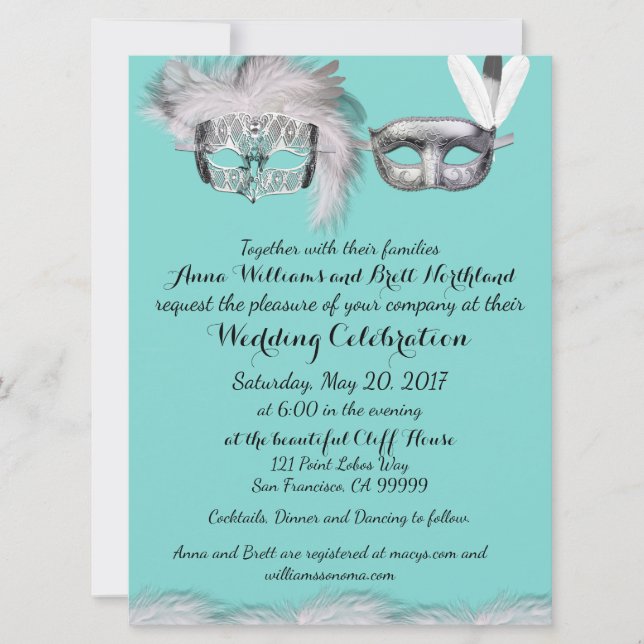 Robin Egg Blue and White Masquerade Wedding Invitation (Front)