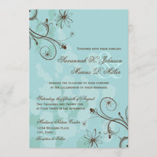 Robin Egg Blue Brown Floral Wedding Invitations