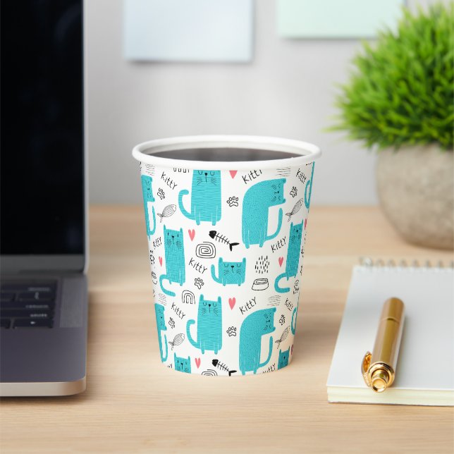 Robin Egg Blue Cute Cat Pattern Paper Cups (Insitu)