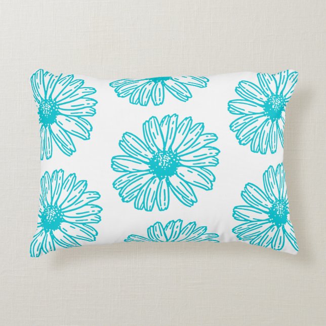 Robin Egg Blue Daisy Print, Hippie Flowers Pattern Decorative Cushion (Front)