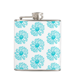 Robin Egg Blue Daisy Print, Hippie Flowers Pattern Hip Flask