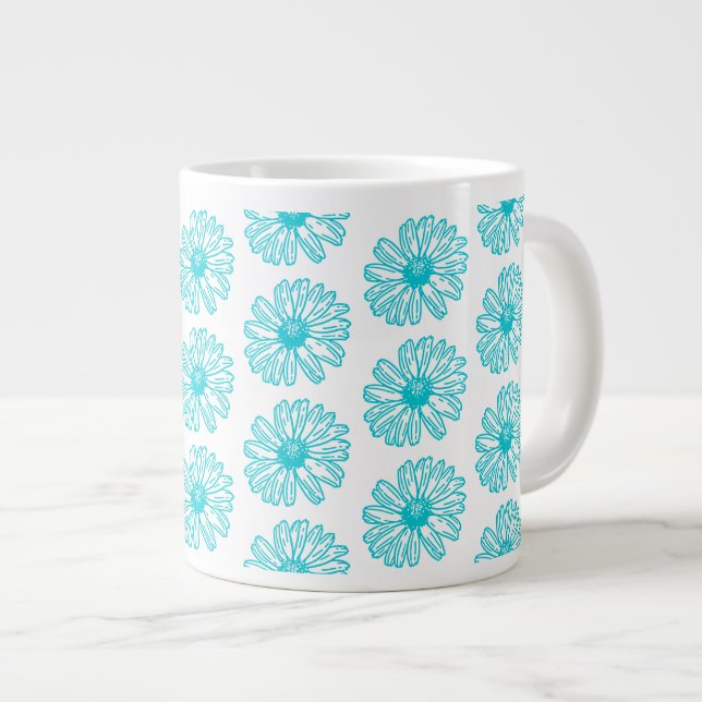 Robin Egg Blue Daisy Print, Hippie Flowers Pattern Large Coffee Mug (Front Right)