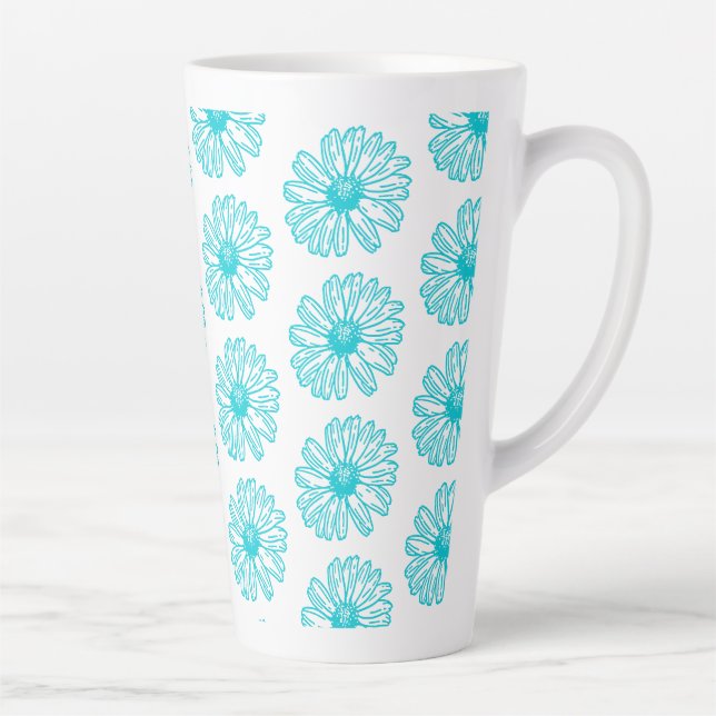 Robin Egg Blue Daisy Print, Hippie Flowers Pattern Latte Mug (Right)