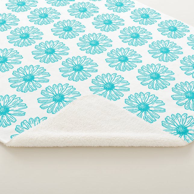 Robin Egg Blue Daisy Print, Hippie Flowers Pattern Sherpa Blanket (3/4)