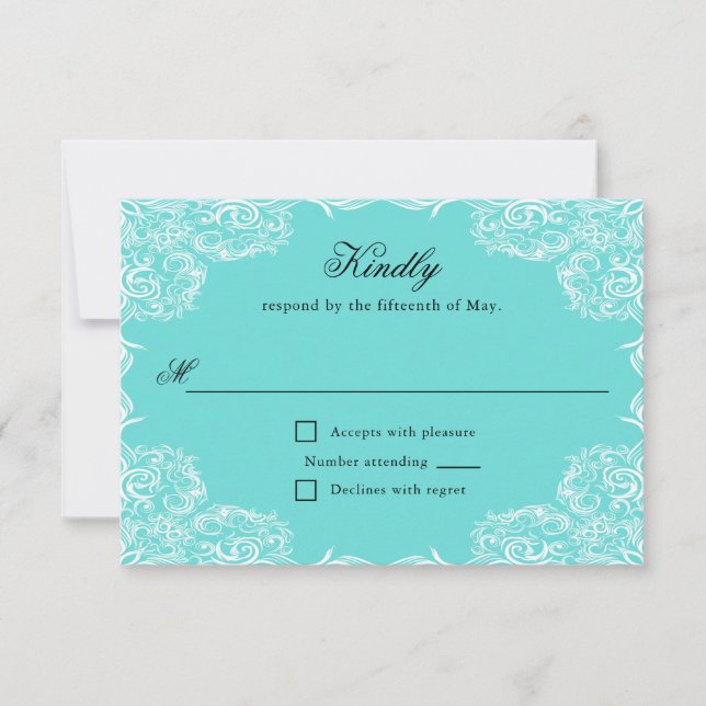Robin Egg Blue Lace Frame Grey Wedding RSVP Card (Front)