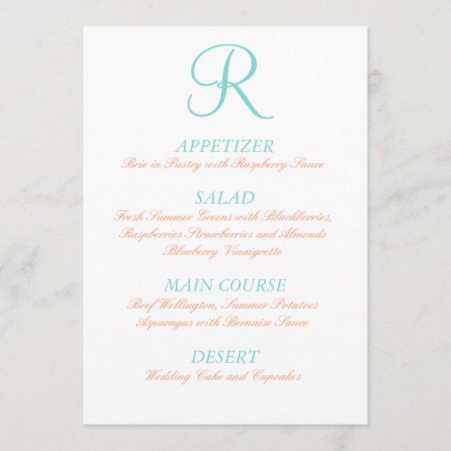 Robin Egg Blue Orange Wedding Menu Simple Initial (Front)