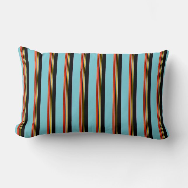 Robin Egg Blue Red Yellow Black Stripes Lumbar Cushion (Front)