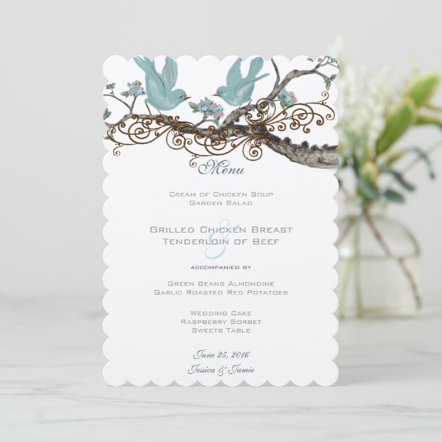 Robin Egg Blue Vintage Love Birds Wedding Menu (Standing Front)