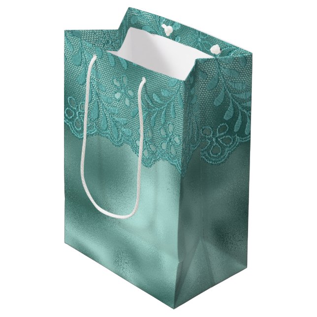 Robin Egg Green Lace Bridal Shower Medium Gift Bag (Front Angled)