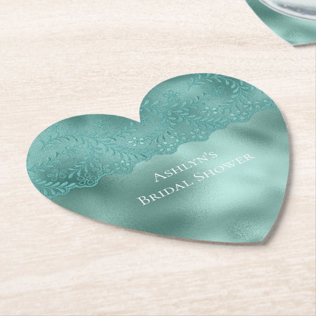 Robin Egg Green Lace Bridal Shower Paper Coaster (Angled)