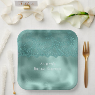 Robin Egg Green Lace Bridal Shower Paper Plate
