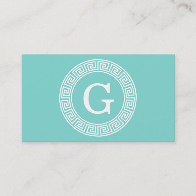 Robin Egg Wht Greek Key Rnd Frame Initial Monogram Business Card (Front)