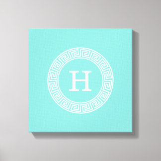 Robin Egg Wht Greek Key Rnd Frame Initial Monogram Canvas Print