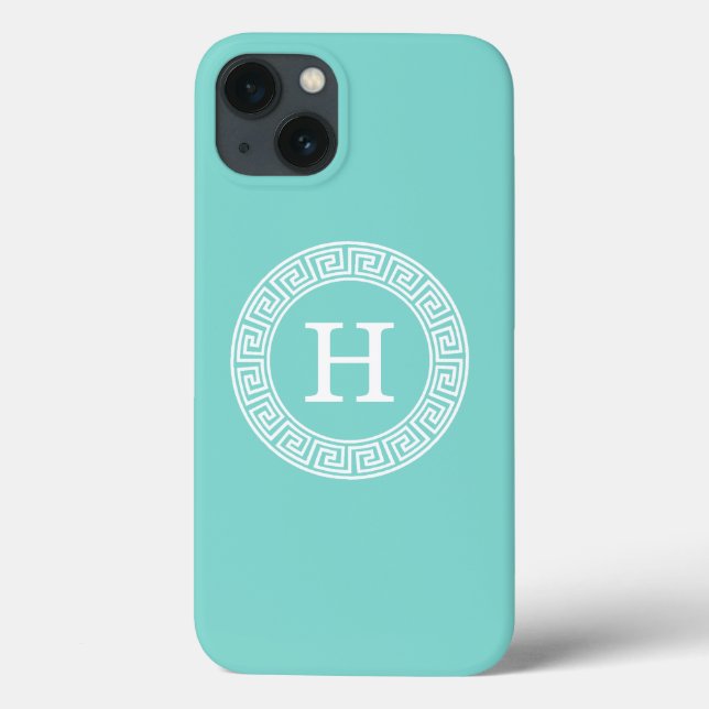 Robin Egg Wht Greek Key Rnd Frame Initial Monogram Case-Mate iPhone Case (Back)