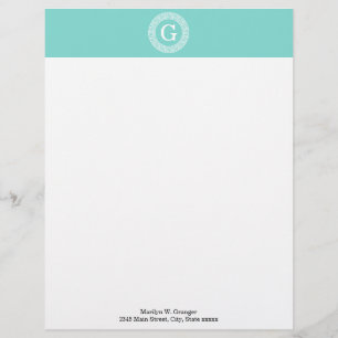 Robin Egg Wht Greek Key Rnd Frame Initial Monogram Customized Letterhead