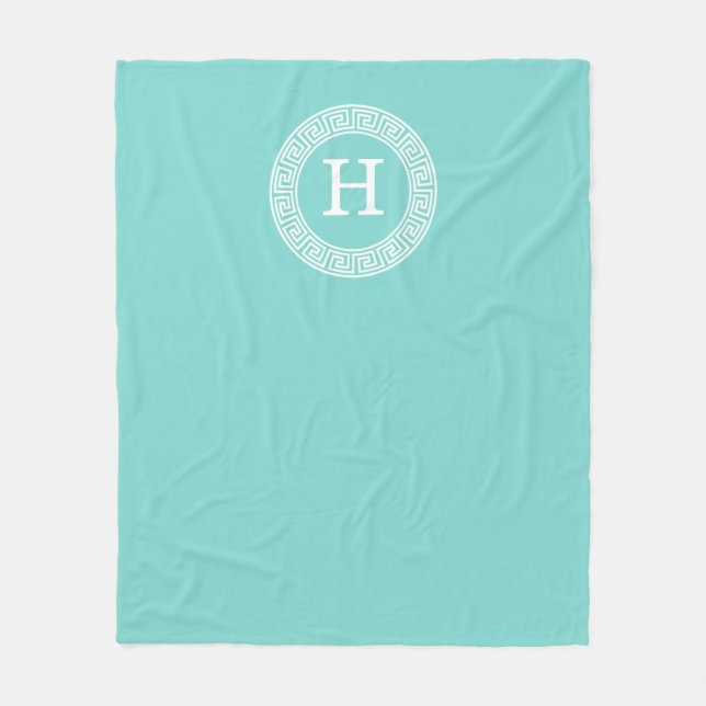 Robin Egg Wht Greek Key Rnd Frame Initial Monogram Fleece Blanket (Front)