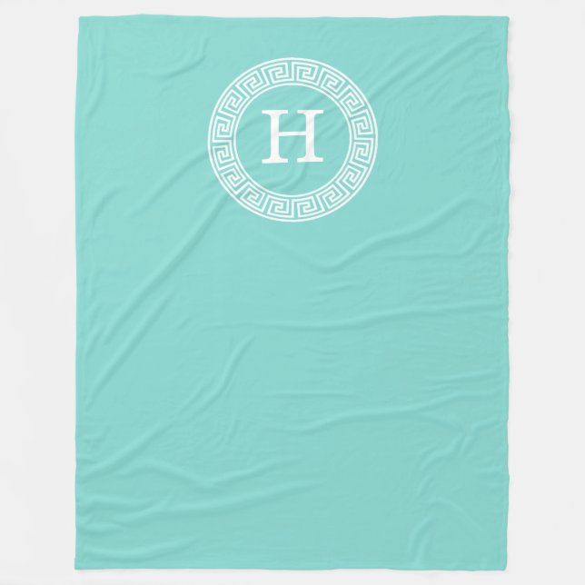 Robin Egg Wht Greek Key Rnd Frame Initial Monogram Fleece Blanket (Front)