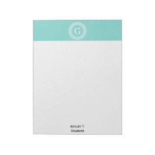 Robin Egg Wht Greek Key Rnd Frame Initial Monogram Notepad