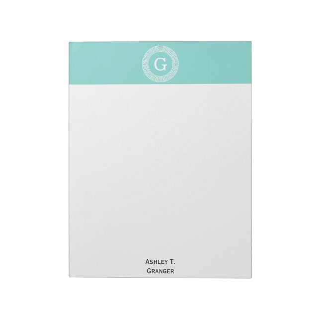 Robin Egg Wht Greek Key Rnd Frame Initial Monogram Notepad (Rotated)
