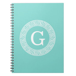 Robin Egg Wht Greek Key Rnd Frame Initial Monogram Spiral Notebook