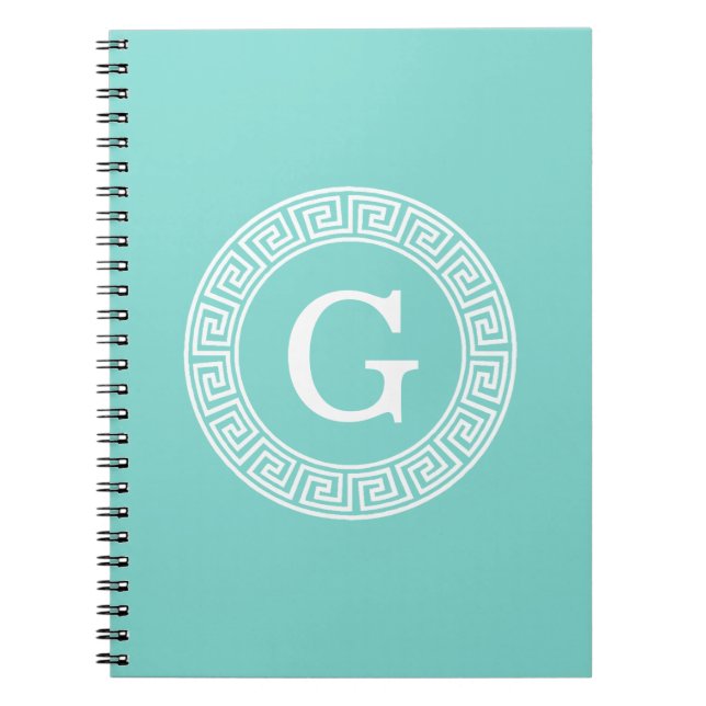 Robin Egg Wht Greek Key Rnd Frame Initial Monogram Spiral Notebook (Front)