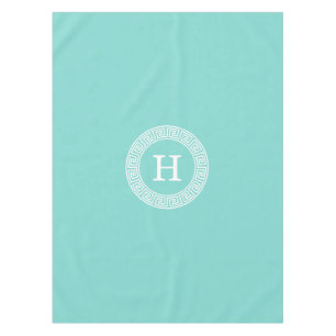 Robin Egg Wht Greek Key Rnd Frame Initial Monogram Tablecloth