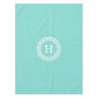 Robin Egg Wht Greek Key Rnd Frame Initial Monogram Tablecloth