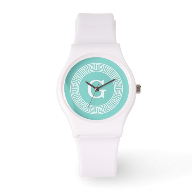 Robin Egg Wht Greek Key Rnd Frame Initial Monogram Watch (Front)