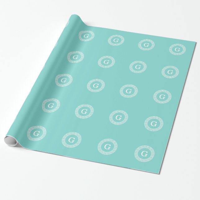 Robin Egg Wht Greek Key Rnd Frame Initial Monogram Wrapping Paper (Unrolled)