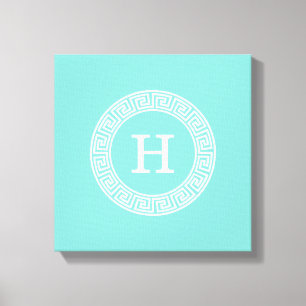 Robin Egg Wht Greek Key Rnd XL Frame Init Monogram Canvas Print
