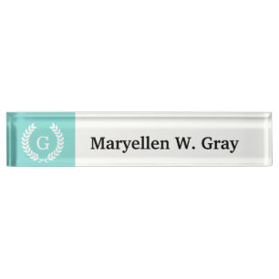 Robin Egg Wht Wheat Laurel Wreath Initial Monogram Nameplate
