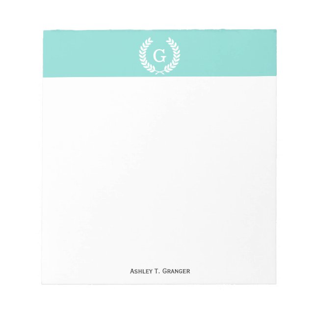 Robin Egg Wht Wheat Laurel Wreath Initial Monogram Notepad (Front)