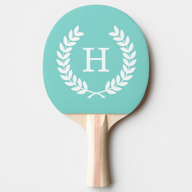 Robin Egg Wht Wheat Laurel Wreath Initial Monogram Ping Pong Paddle (Front)