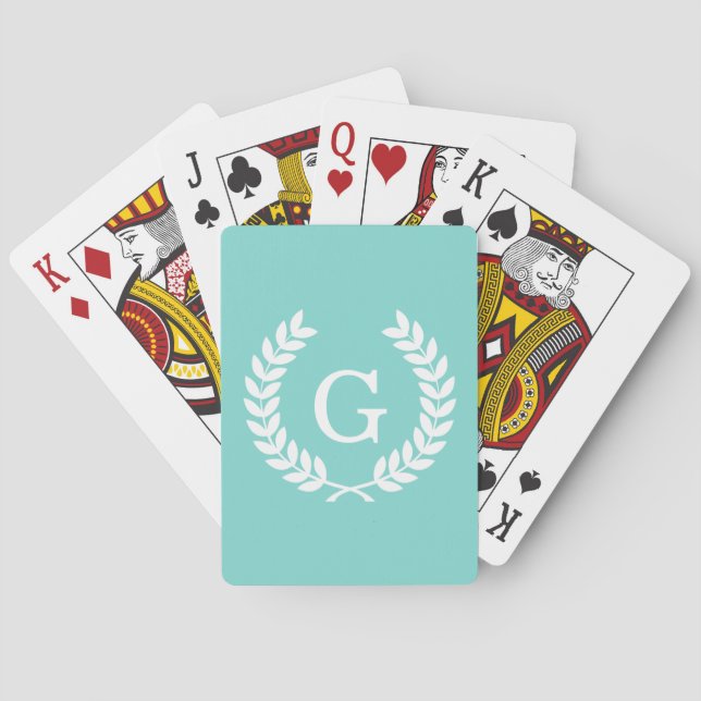 Robin Egg Wht Wheat Laurel Wreath Initial Monogram Playing Cards (Back)