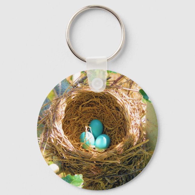 Robin Eggs in a Backyard Tree Nest Key Ring (Front)