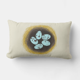 Robin Eggs in Nest Throw Pillow: Cream Lumbar Cushion