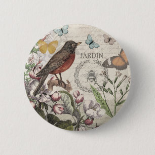 Robin Elegant Bird Butterfly French Art 6 Cm Round Badge