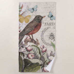 Robin Elegant Bird Butterfly French Art Beach Towel