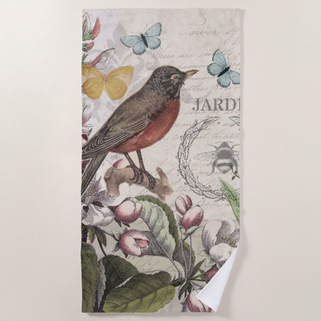 Robin Elegant Bird Butterfly French Art Beach Towel (Front)