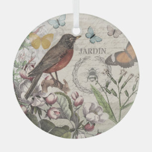 Robin Elegant Bird Butterfly French Art Glass Tree Decoration