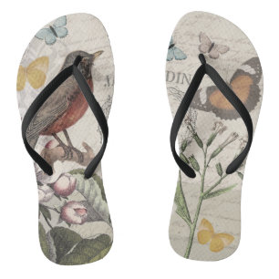 Robin Elegant Bird Butterfly French Art Jandals