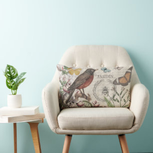 Robin Elegant Bird Butterfly French Art Lumbar Cushion