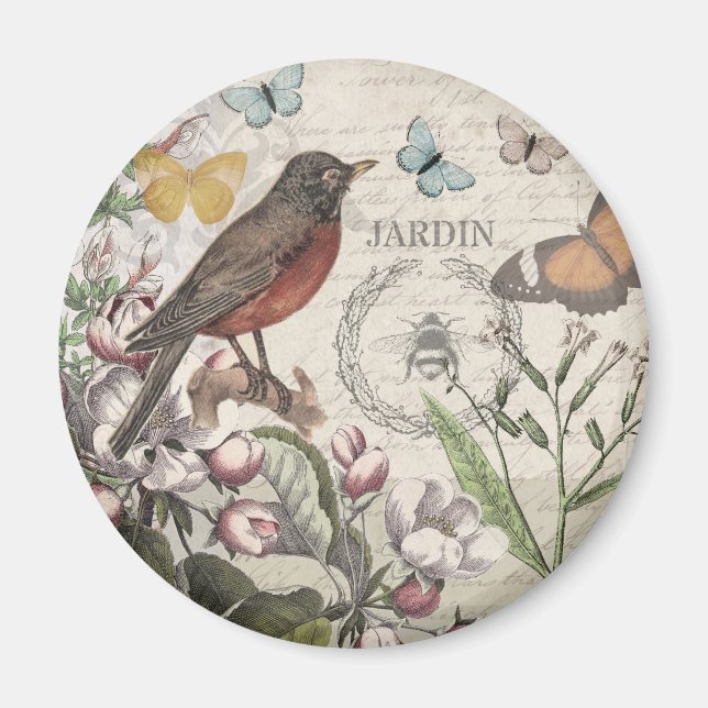 Robin Elegant Bird Butterfly French Art Magnet (Front)